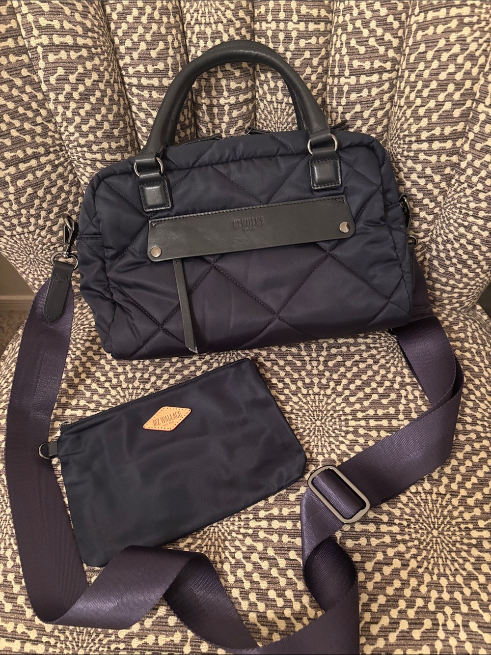 MZ Wallace Navy Madison Satchel Bag w/ Detachable Adjustable Strap Like New